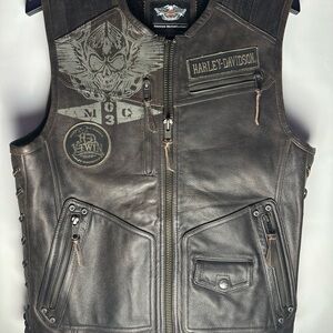 Harley-Davidson Men’s Dark Brown Leather Biker Vest with Graphic Patches